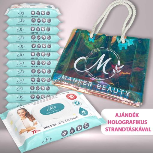 Manker Beauty nedves törlőkendő 12-es csomag + ajándék holografikus strandtáska